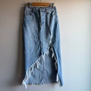 BCBG Frayed Diagonal Slit Light Wash Denim Maxi Skirt